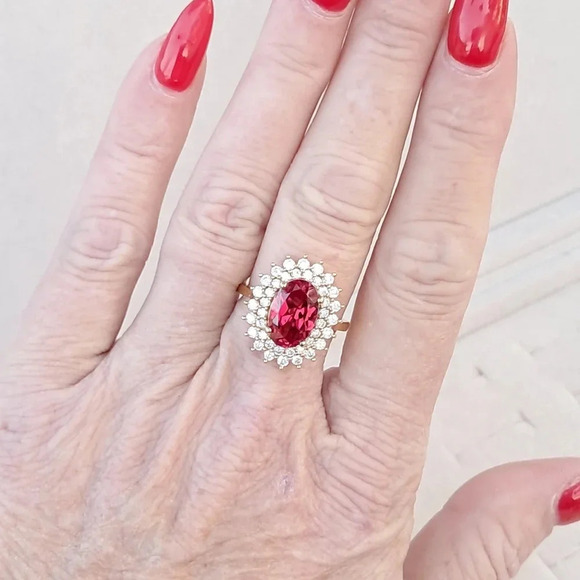 Padparadscha Sapphire & Genuine Moissanite Double Halo Ring. - Picture 3 of 10